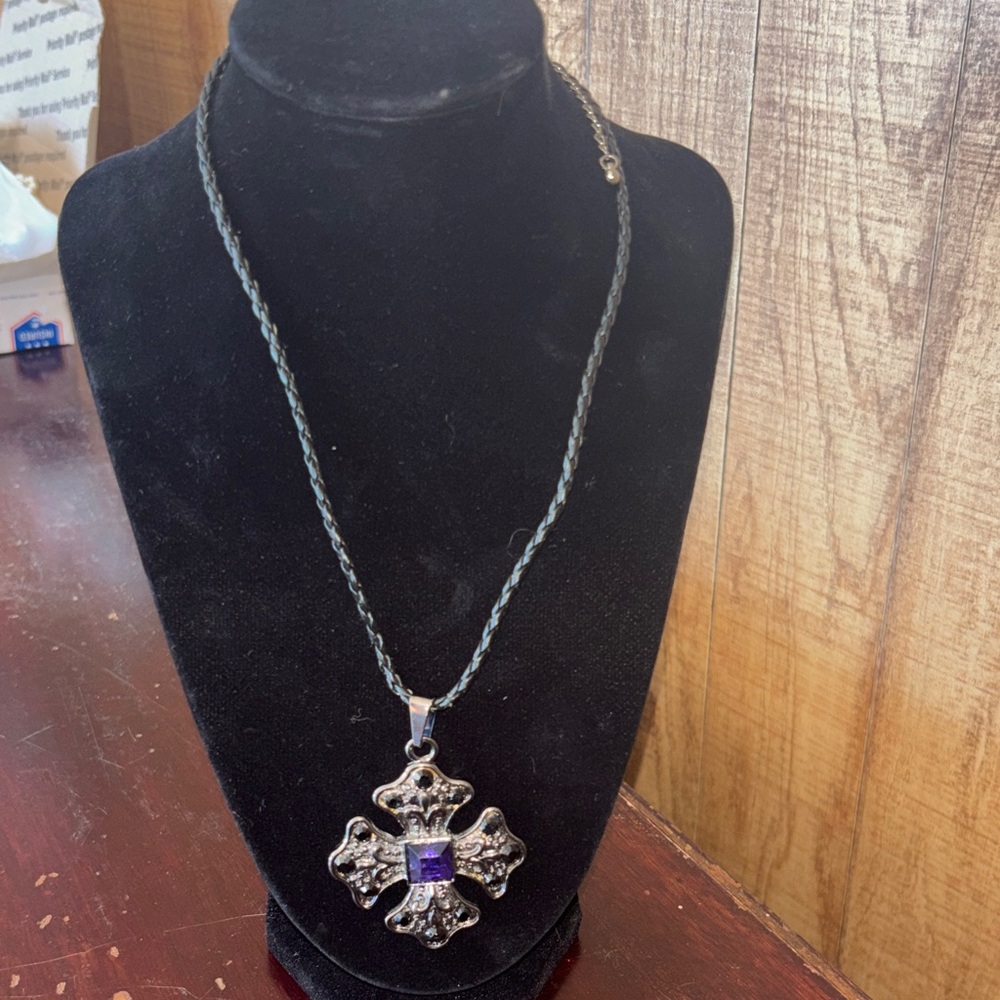 Vintage Silver Tone Jeweled Religious Byzantine Design Cross Pendant Necklace